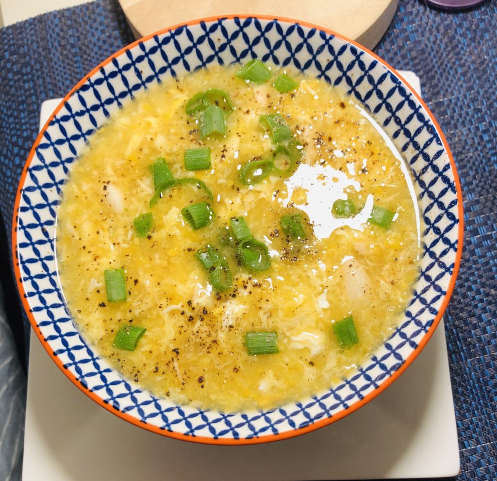 stock + chicken + corn + egg = soup